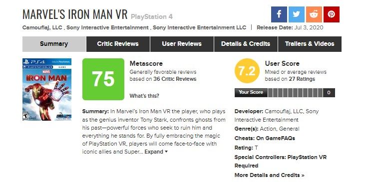 Оценки Iron Man VR на Metacritic