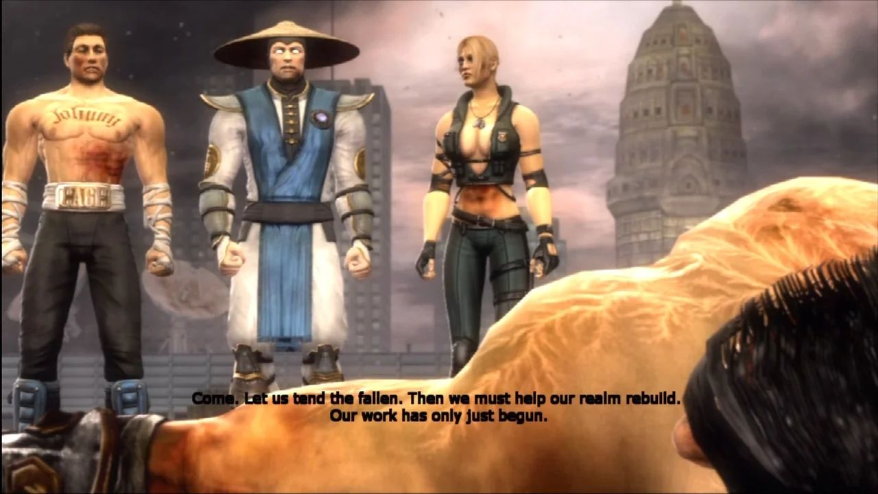 Джонни Кейдж, Рейден и Соня Блейд перед телом Лю Кана. Скриншот из Mortal Kombat (2011)
