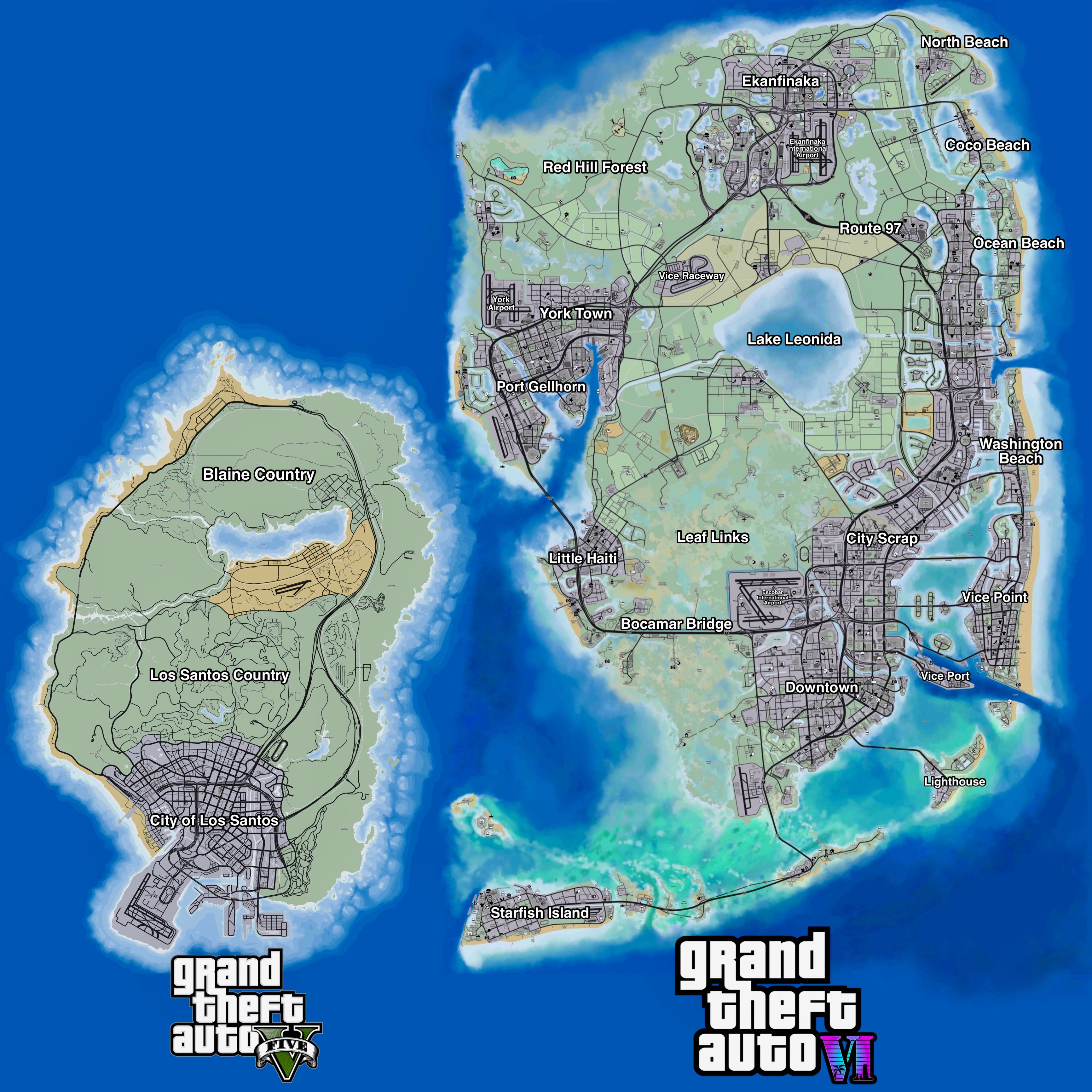 Карта GTA V и предполагаемая карта GTA VI с названиями областей