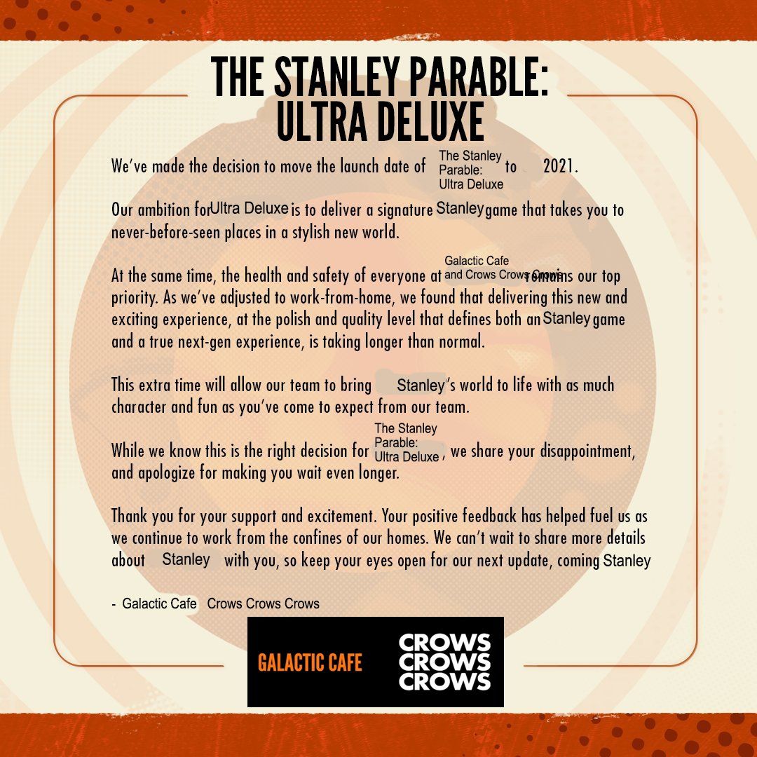 Объявление о переносе The Stanley Parable: Ultra Deluxe (Halo: Deathloop).
Источник: Crows Crows Crows