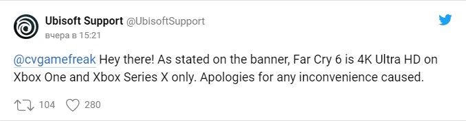 Привет! Как указано на баннере, Far Cry 6 будет поддерживать 4K Ultra HD только на Xbox One и Xbox Series X. Приносим извинения за недопонимание. 