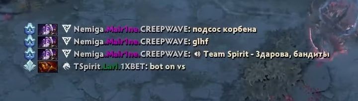 Скриншот чата между larl и Malr1ne на второй карте противостояния Tundra Esports — Team Spirit