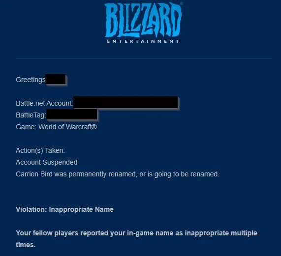 Ответ техподдержки Blizzard о причинах блокировки аккаунта