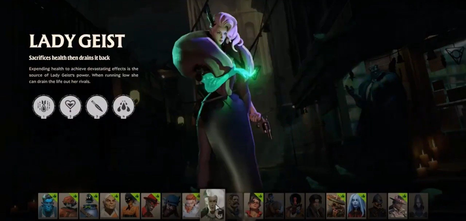 Lady Geist тратит своё здоровье ради убийств, а после забирает его у врага.