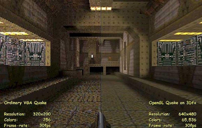 Скриншот из первой Quake, показывающий разницу между отсутствием 3D-ускорителя и его наличием