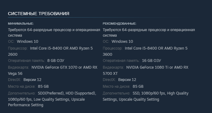 Минимальные и рекомендованные системные требования Hogwarts Legacy на ПК