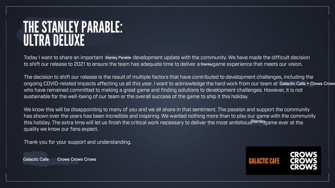 Объявление о переносе The Stanley Parable: Ultra Deluxe (Halo: Infinite).
Источник: Crows Crows Crows