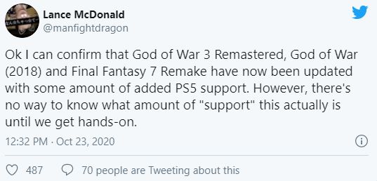 Я могу подтвердить, что God of War 3 Remastered, God of War (2018) и Final Fantasy VII Remake были обновлены и получили какую-то поддержку PS5. Какую именно &mdash; узнаем, когда сможем пощупать их самостоятельно.