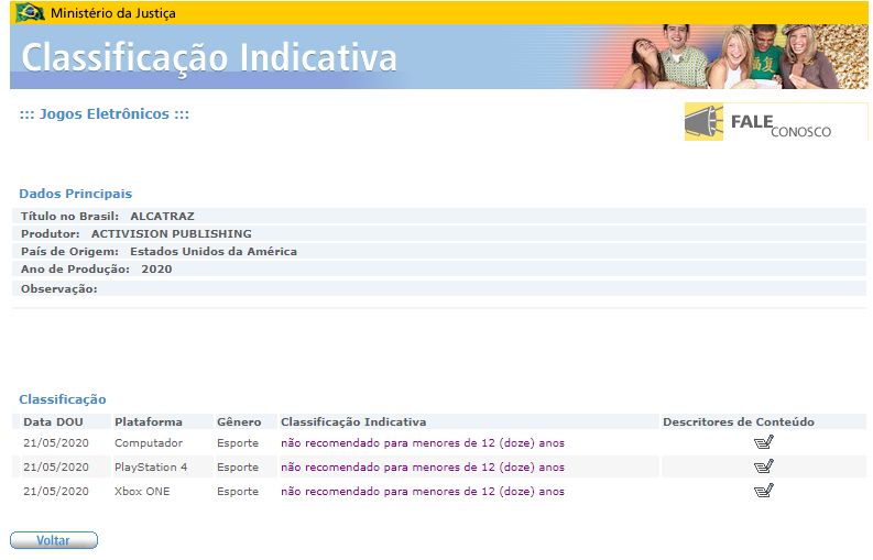 Страница игры Alcztraz на сайте бразильского рейтингового агентства | Источник: portal.mj.gov.br