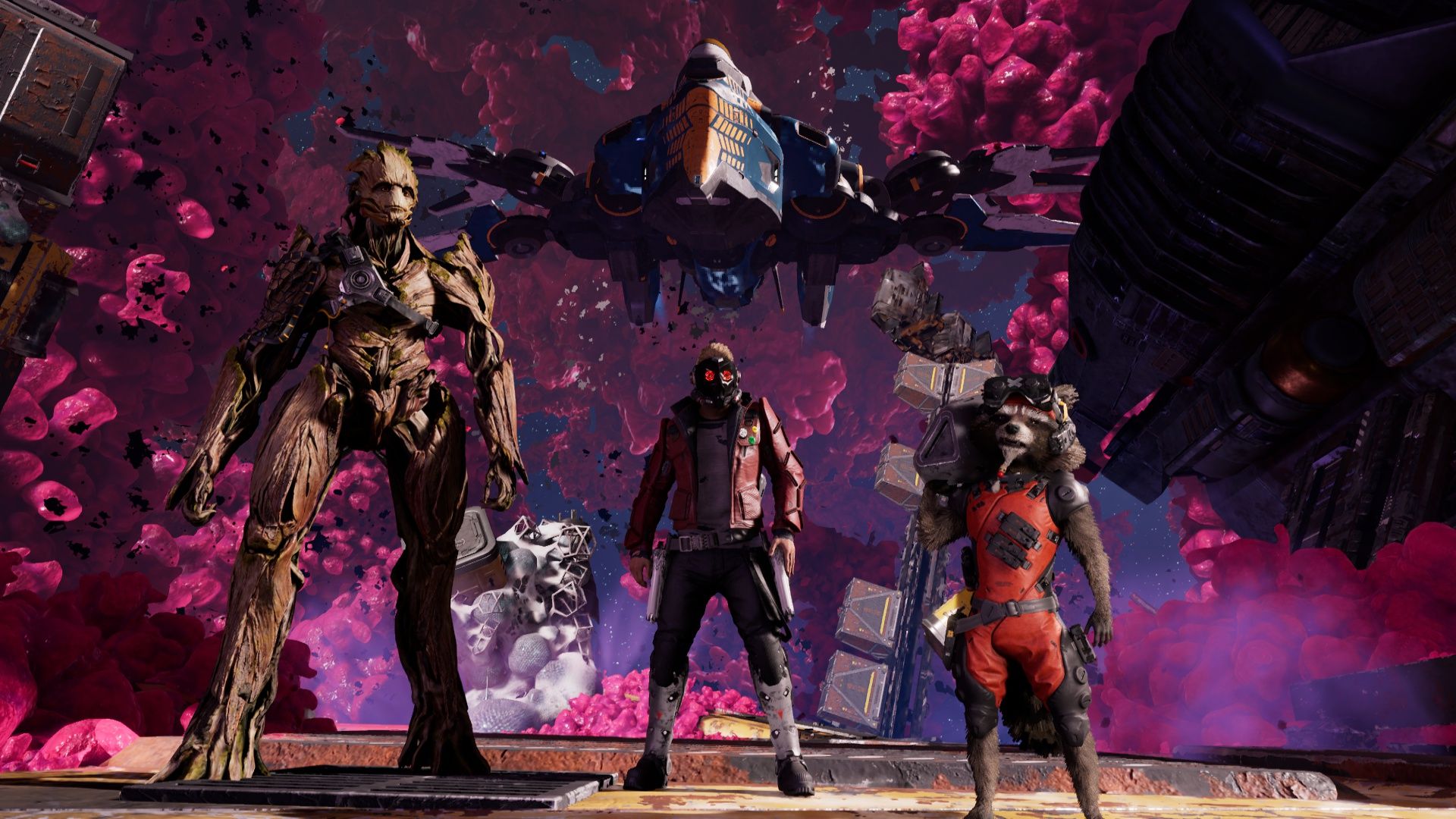 Грут, Квилл и Ракета в самом начале приключения. Скриншот из Marvel\'s Guardians of the Galaxy