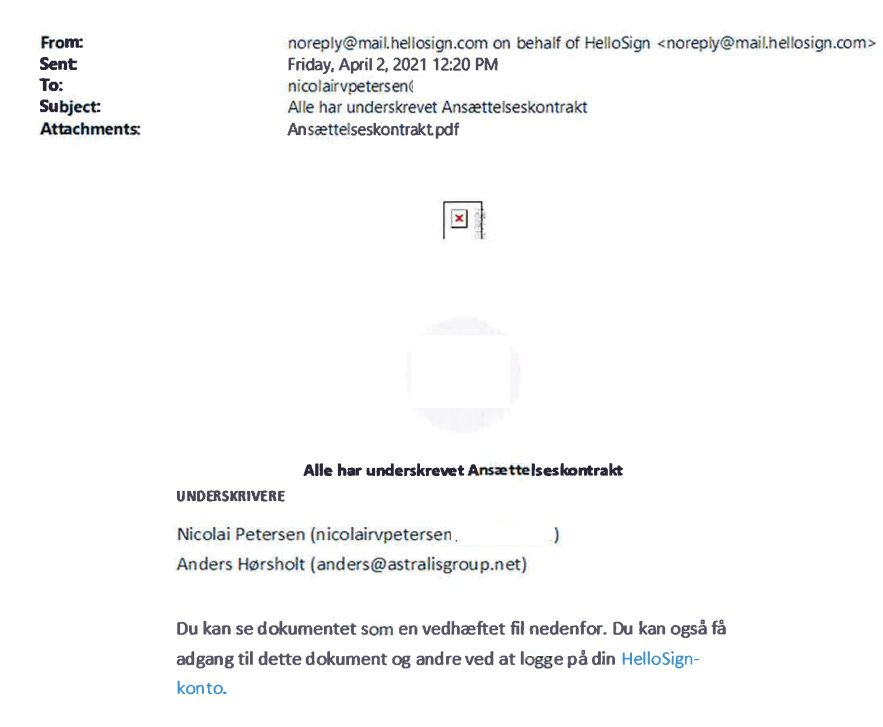 Документ Hellosign был подписан HUNDEN и генеральным директором Astralis электронной подписью 