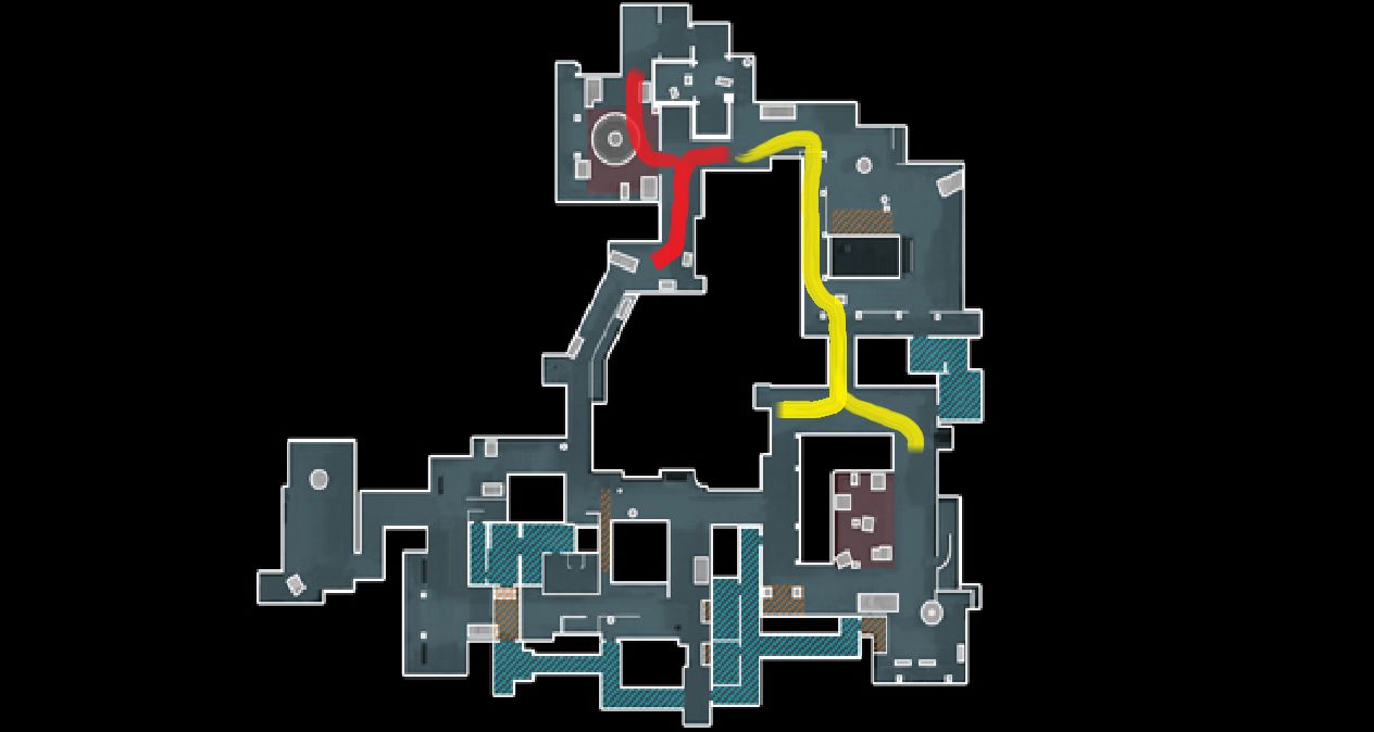 Карта активности gla1ve (Inferno vs. Space Soldiers). Красным цветом - привычная позиция, жёлтым - возможные перемещения.