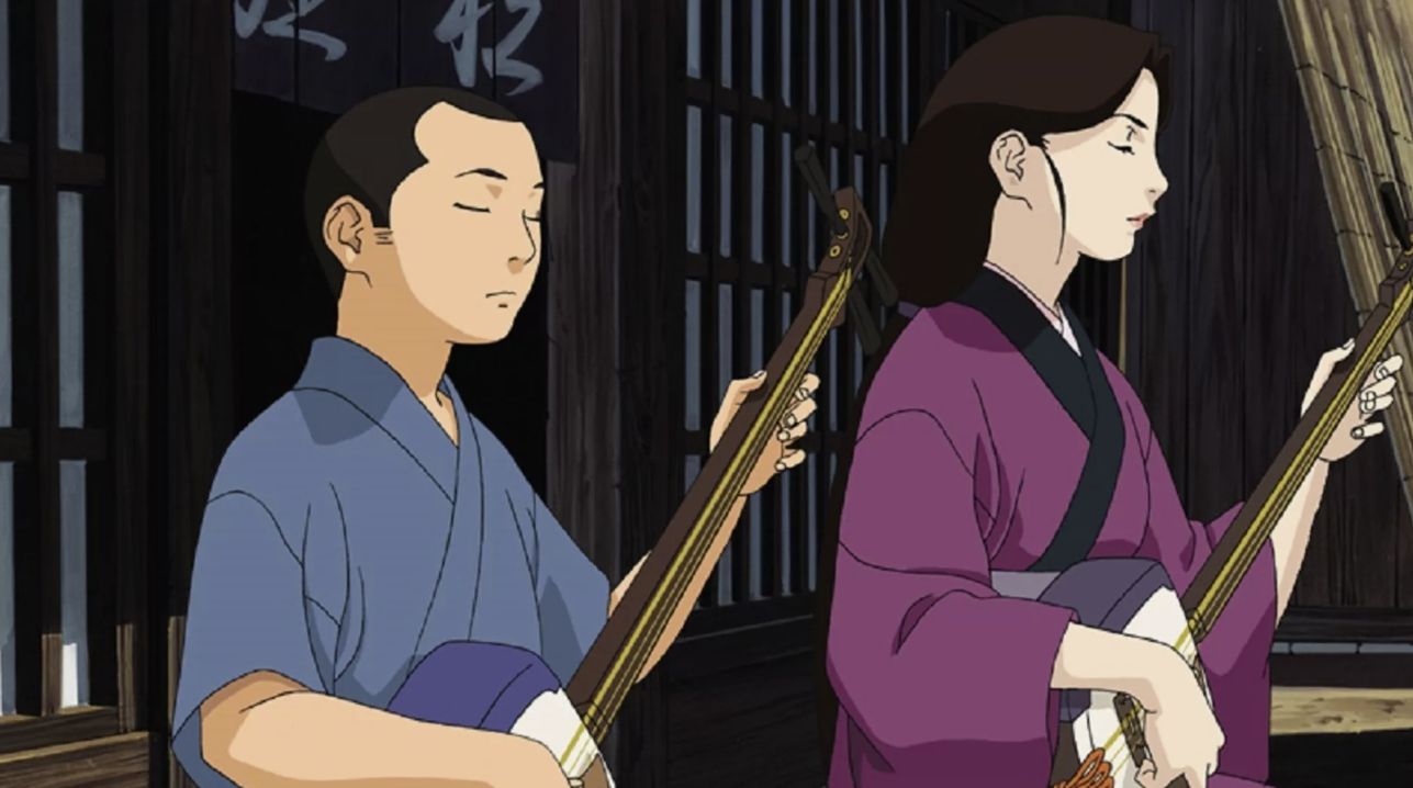 Кадр из аниме «Нитабо: Слава создавшего цугару-сямисэн»