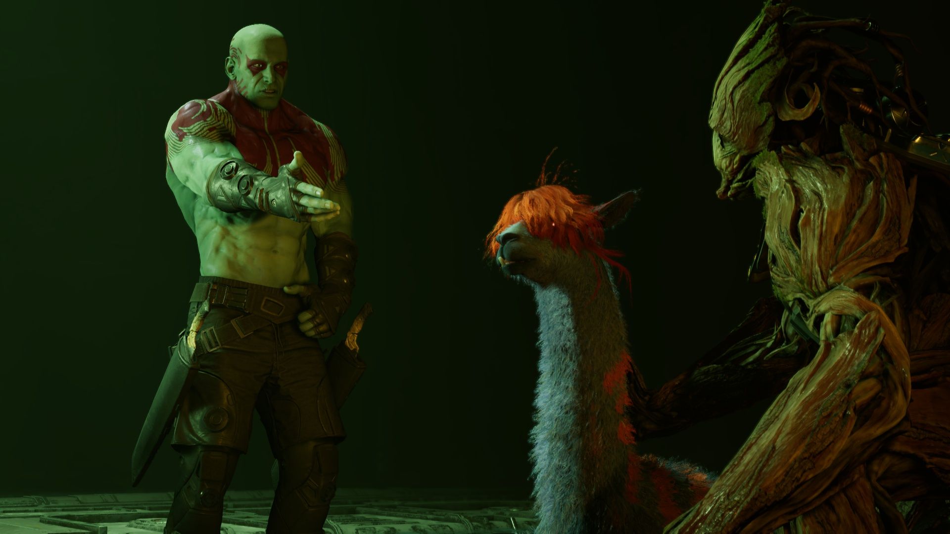 Дракс, Грут и лама. Скриншот из Marvel&rsquo;s Guardians of the Galaxy