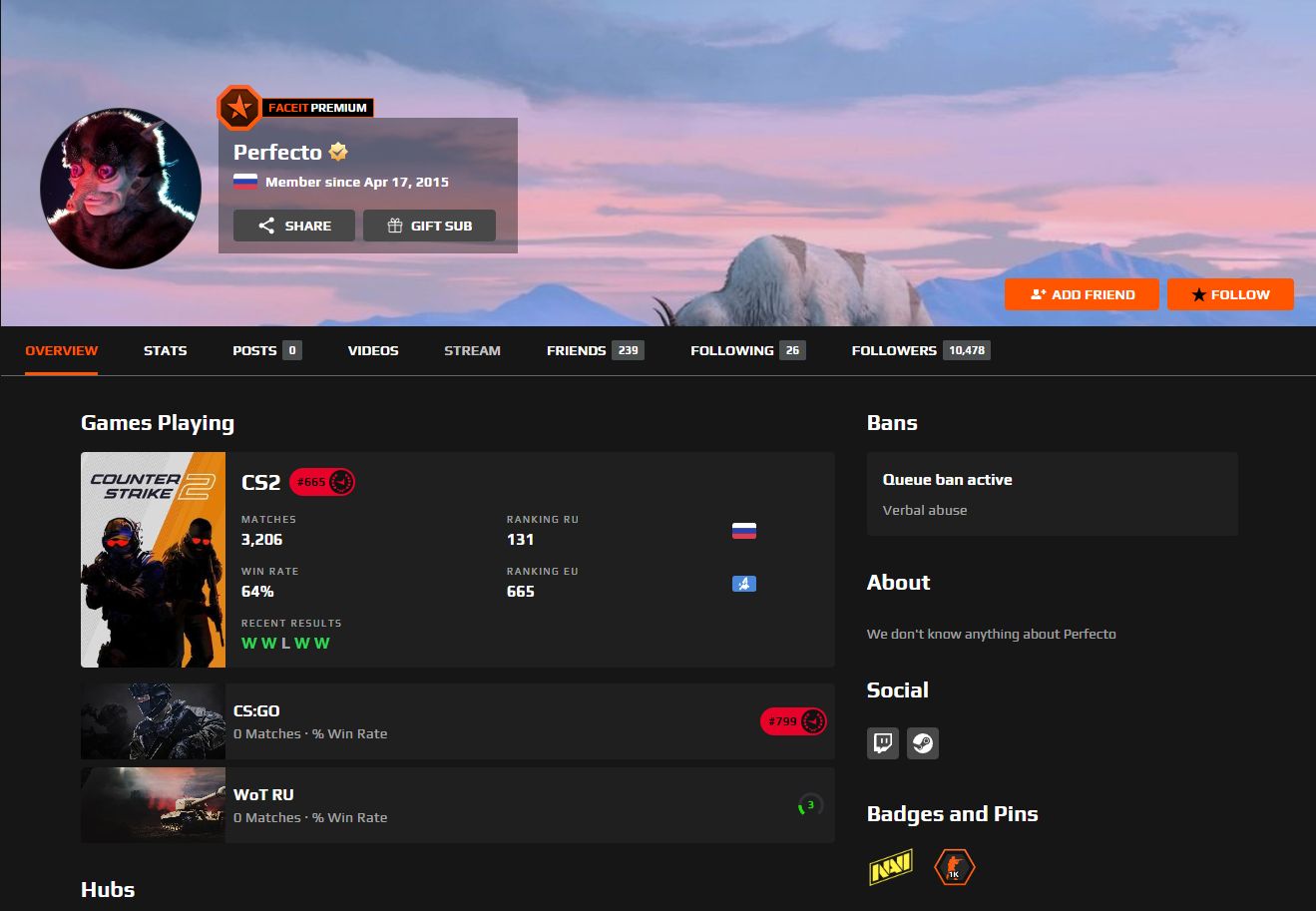 Профиль Perfecto на FACEIT
