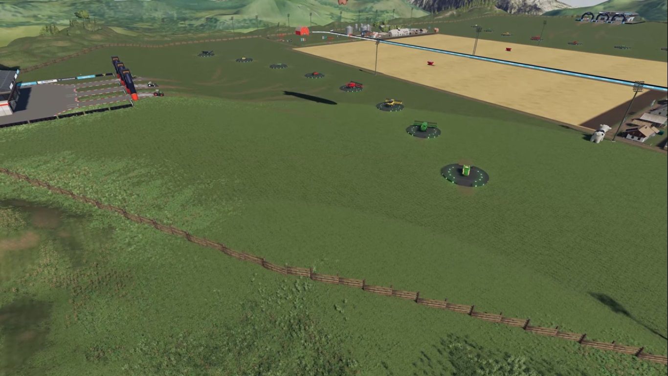 Общий вид карты режима Farming Simulator League. Она симметрична относительно синего ограждения посередине. На противоположном конце находится команда противника