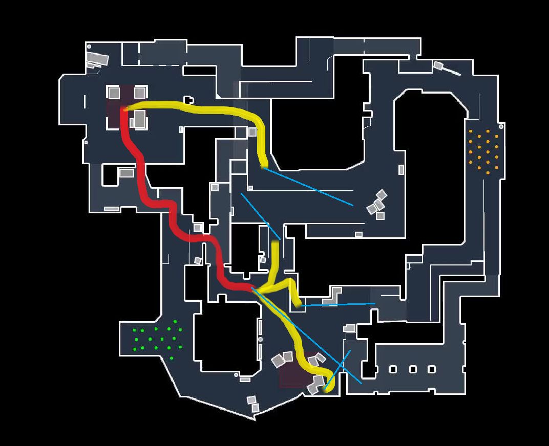 Карта активности и контроля gla1ve (Mirage vs. FaZe). Синие линии - информация по позиции.
