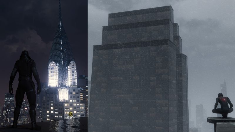 Крайслер-билдинг в Marvel\'s Spider-Man Remastered (слева) и заменяющее его здание в Marvel\'s Spider-Man: Miles Morales (справа) | Источник: gameinformer.com