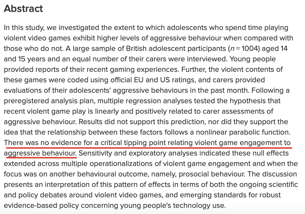 Нет никаких доказательств обнаружения переломного момента, который бы связывал жестокое поведение с игрой в компьютерные игры.