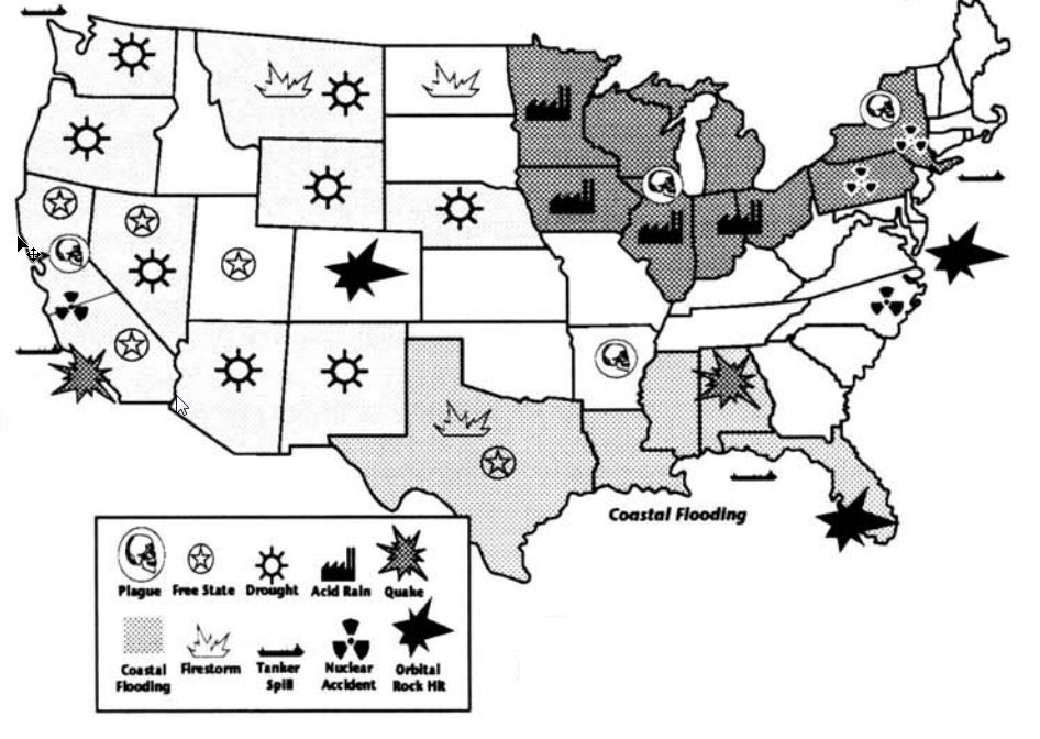 Карта США по состоянию на 2020 год. Звёздами отмечены свободные штаты, а всеми остальными знаками &mdash; различные катастрофы: эпидемии, засуха, кислотные дожди, землетрясения, наводнения, огненные штормы, крушение танкера, ядерные удары, орбитальные бомбардировки