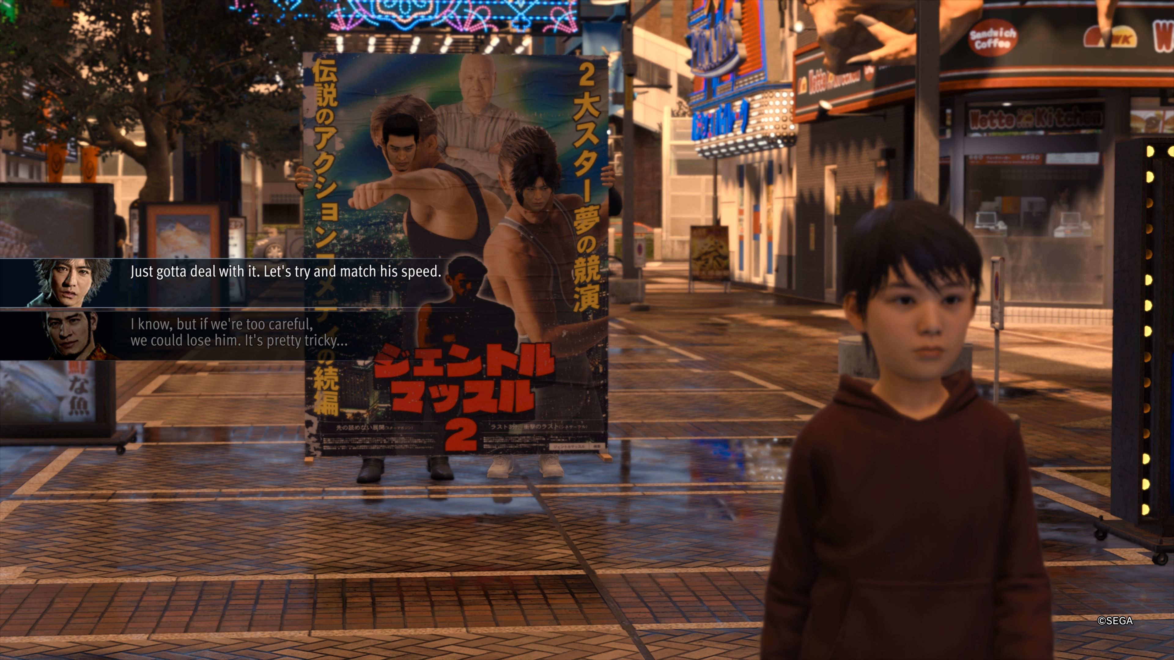 В одном из заданий нужно следить за ребенком, но на беду Ягами и Кайто застряли в рекламном постере. Скриншот из Lost Judgment