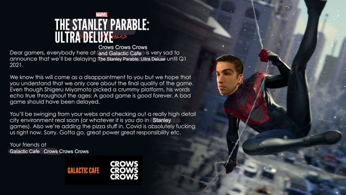 Объявление о переносе The Stanley Parable: Ultra Deluxe (Spider-Man: Miles Morales).
Источник: Crows Crows Crows