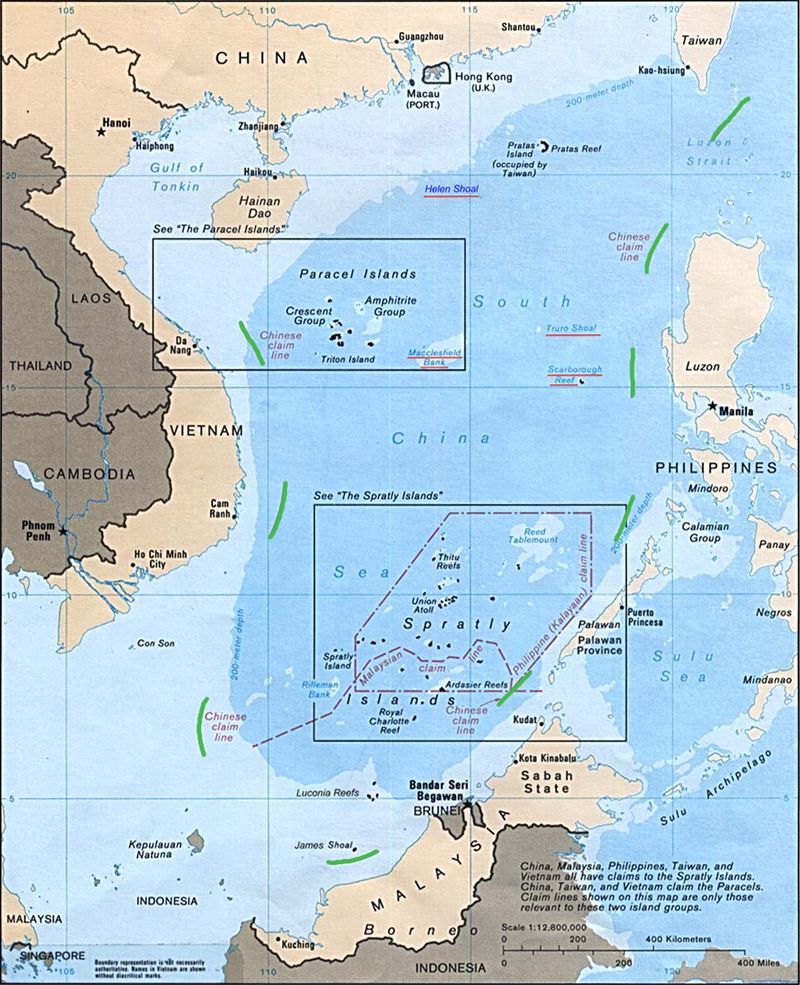 Карта Южно-Китайского моря с изображением «девятипунктирной линии» | Источник: Wikipedia.org