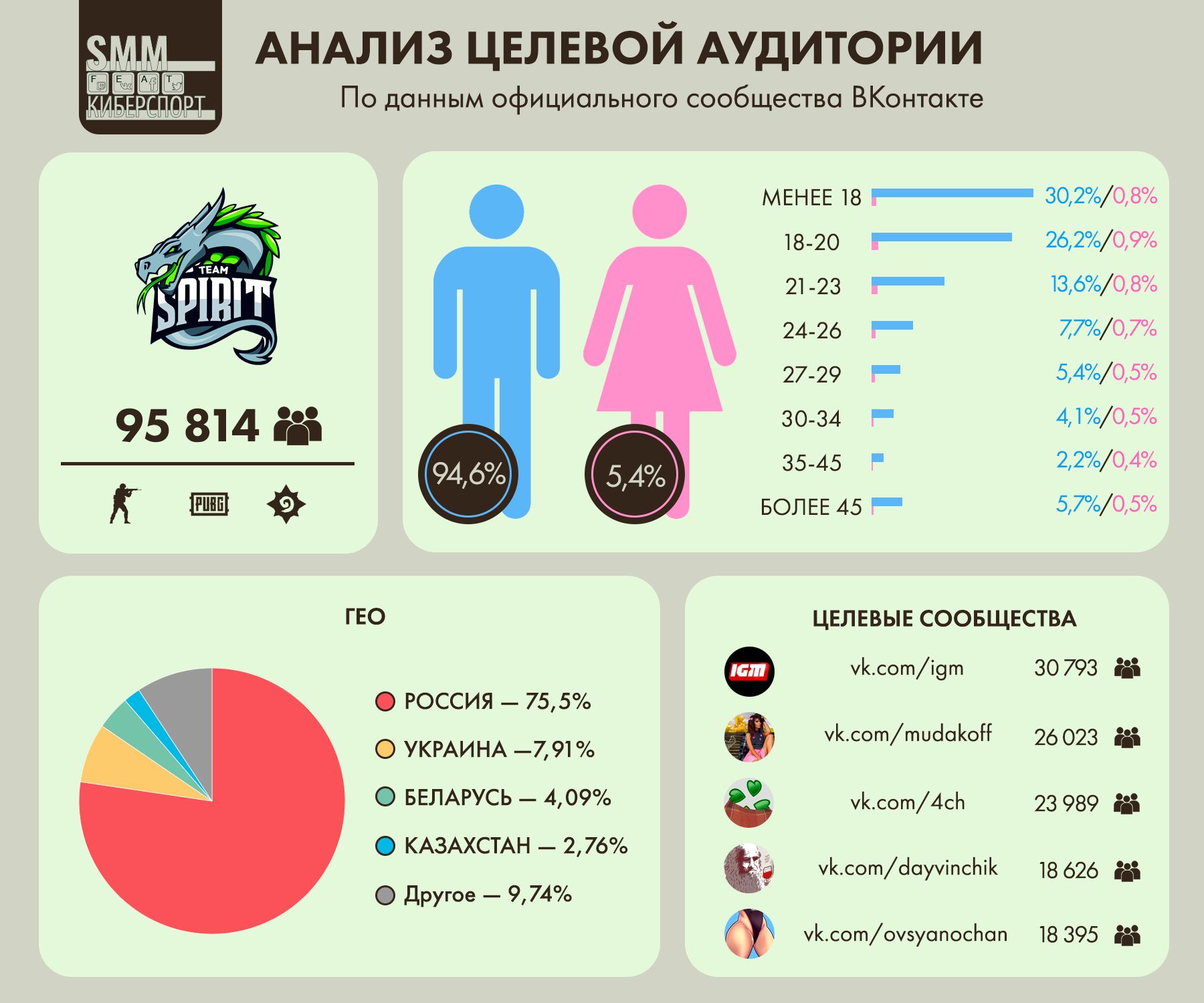Анализ целевой аудитории ВКонтакте киберспортивного клуба Team Spirit