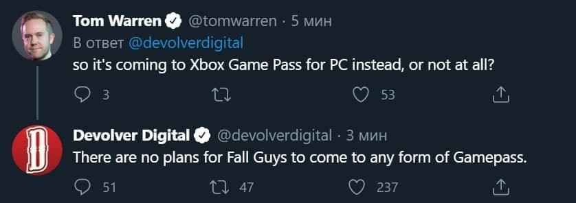&mdash; Fall Guys появится в Xbox Game Pass на ПК?
&mdash; У нас нет планов на добавление Fall Guys в Gamepass для любых платформ.