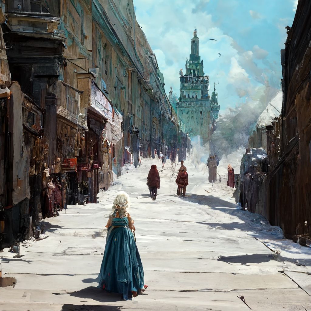Дейенерис Таргариен гуляет по России. Рисунок нейросети Midjourney.