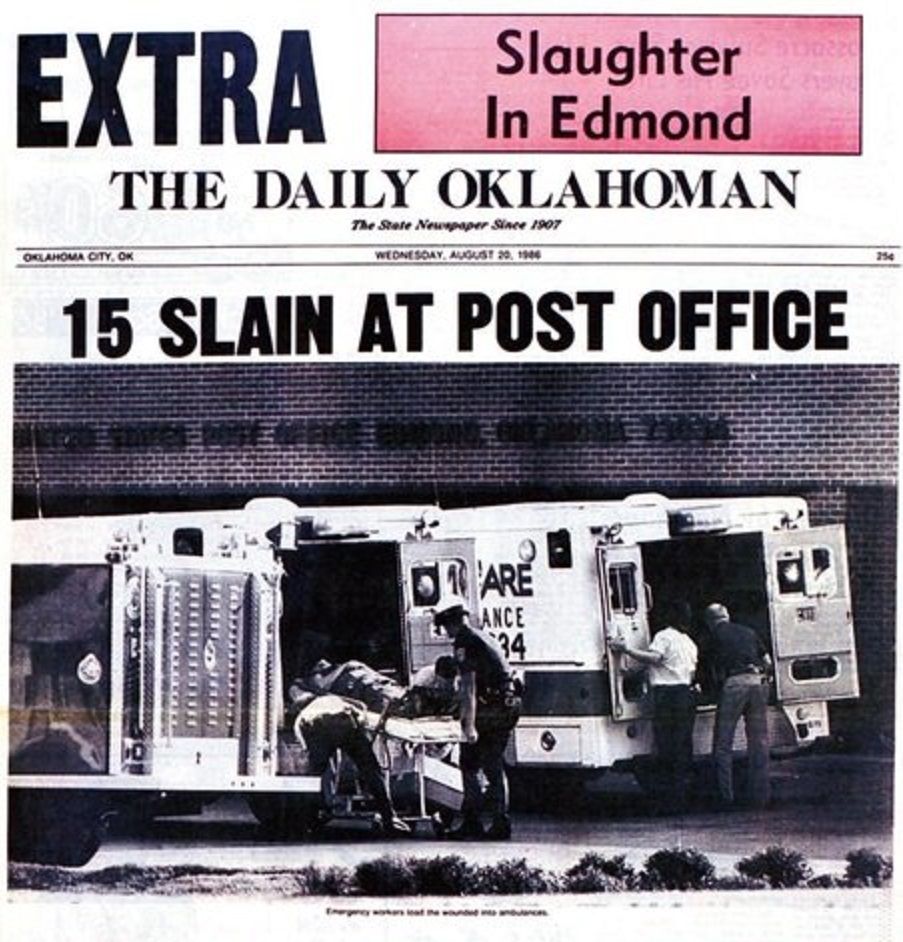 Первая страница газеты The Daily Oklahoman от 20 августа 1986 года, посвященная стрельбе в почтовом отделении Эдмонда