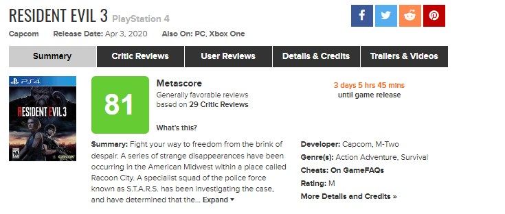 Оценка Resident Evil 3 Remake на Metacritic